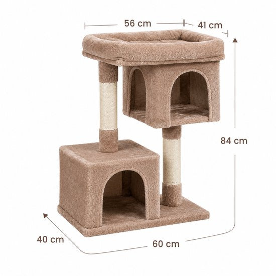 MAZAZU Krabpaal voor Katten Compact - 2 Kattenhuisjes & Ligbed - Sisal - 84 cm - Koffiebruin
