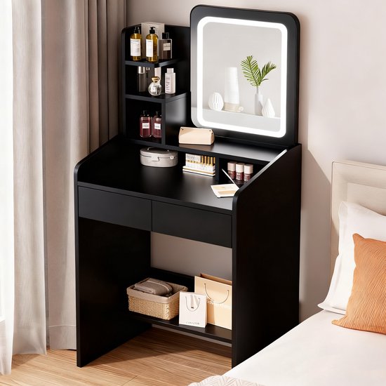 MAZAZU - Kaptafel met LED Spiegel - Dimbaar Licht - Make-up Tafel - Modern Design - Zwart - 132 x 80 x 40 cm