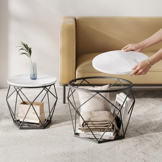 MAZAZU Set van 2 Ronde Bijzettafels - Marmerlook & Zwart - 50x40 cm