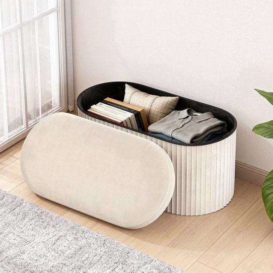 MAZAZU Opvouwbare Opbergbank met Opbergruimte - Ovaal - Velvet - Wit - 78 x 38 x 38 cm