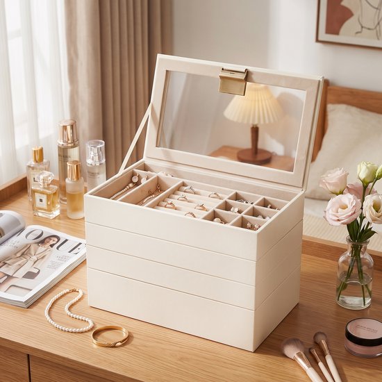 Sieradendoos 4 lagen, beige