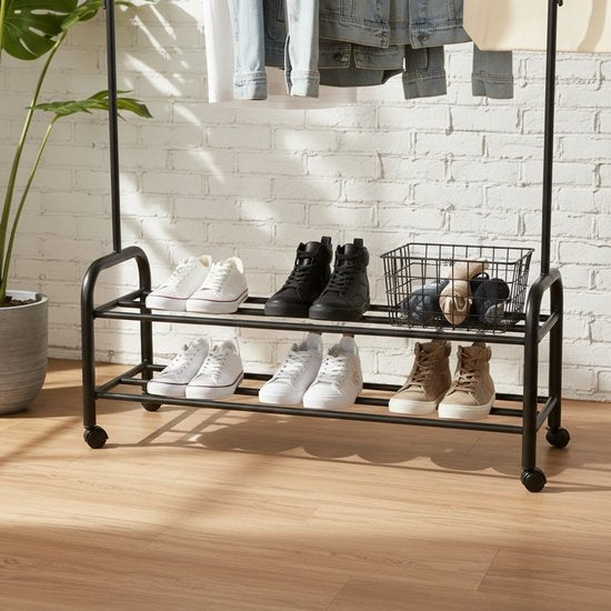 MAZAZU Industrieel Kledingrek Zwart - 165cm Hoog - Minimalistisch Garderoberek met Schoenenrooster & Haken - A-Frame Design - Staand