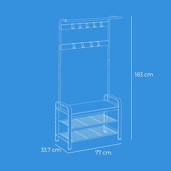 MAZAZU Kapstok met Schoenenrek en Zitbank - Staande Kapstok - Industrieel - Crème - 72x33,7x183 cm