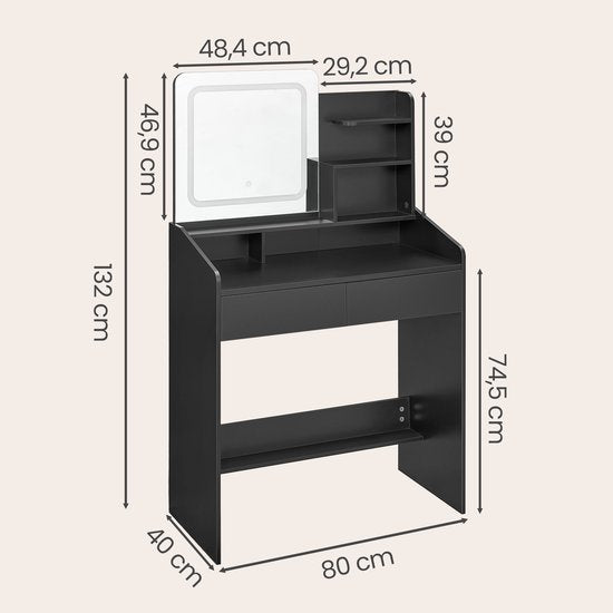 MAZAZU - Kaptafel met LED Spiegel - Dimbaar Licht - Make-up Tafel - Modern Design - Zwart - 132 x 80 x 40 cm