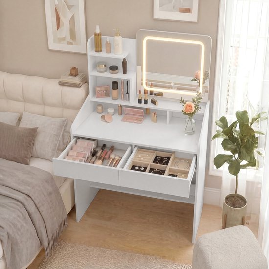 MAZAZU - Kaptafel met LED Spiegel - Dimbaar Licht - Make-up Tafel - Wit - 132 x 80 x 40 cm