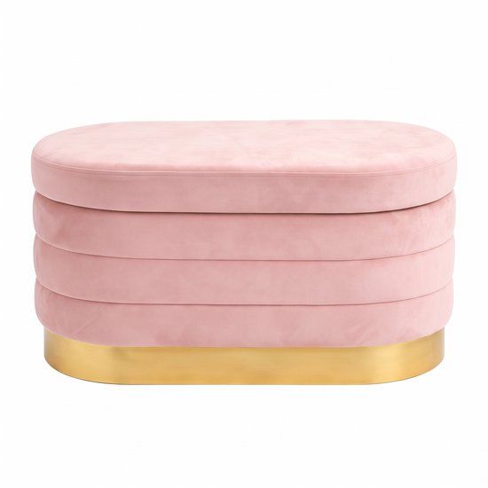 MAZAZU Opvouwbare Opbergbank met Opbergruimte - Ovaal - Velvet - Roze met Goud - 80 x 40 x 38 cm