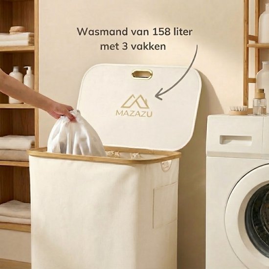 MAZAZU Wasmand 3 Vakken 150L met Deksel, Beige & Bamboe – foto 4