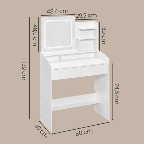 MAZAZU - Kaptafel met LED Spiegel - Dimbaar Licht - Make-up Tafel - Wit - 132 x 80 x 40 cm