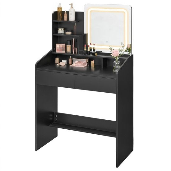 MAZAZU - Kaptafel met LED Spiegel - Dimbaar Licht - Make-up Tafel - Modern Design - Zwart - 132 x 80 x 40 cm