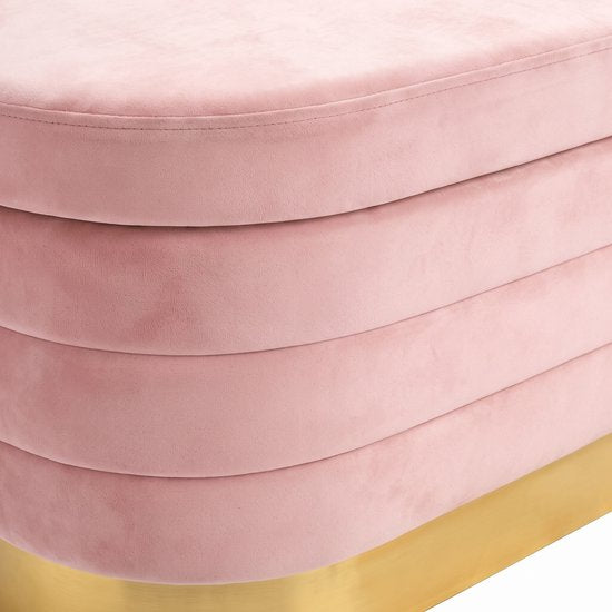 MAZAZU Opvouwbare Opbergbank met Opbergruimte - Ovaal - Velvet - Roze met Goud - 80 x 40 x 38 cm