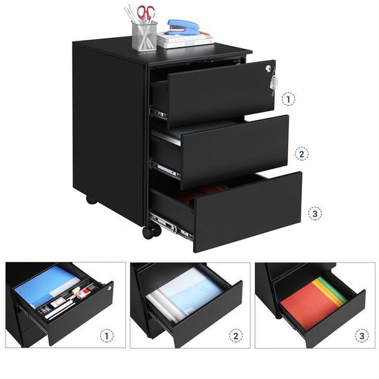 Ladeblok Zwart - Met Slot 3 Lades - 55x45x39cm
