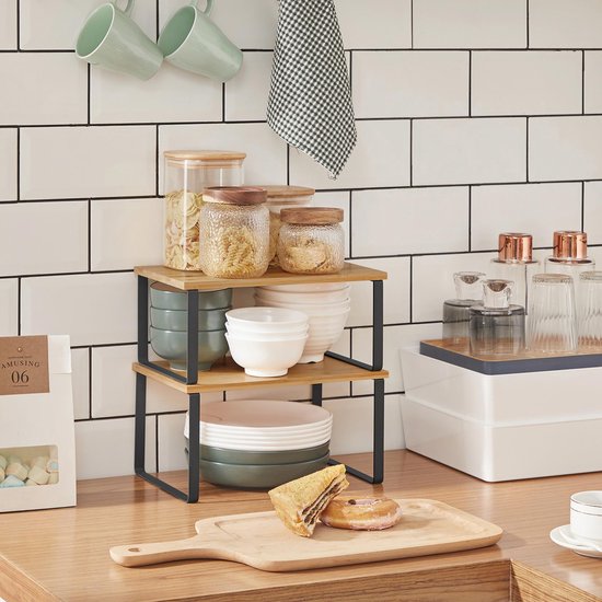 MAZAZU -Keuken Organizer - Opbergplank - Beige - Hout - Kruidenrek - Aanrecht Organizer - Keukenrek - Set van 2 - 29.7 x 19.5 x 15.5 cm