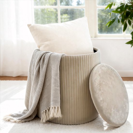 MAZAZU Opvouwbare Poef met Opbergruimte - Rond - Velvet - Beige - 36 x 36 x 44 cm