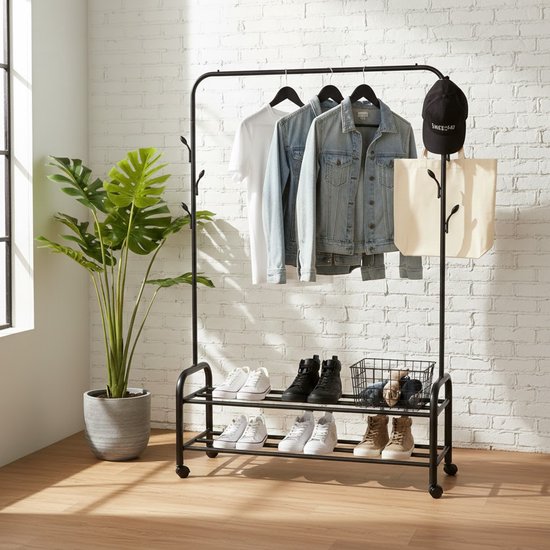 MAZAZU Industrieel Kledingrek Zwart - 165cm Hoog - Garderoberek met Schoenenrooster & Haken
