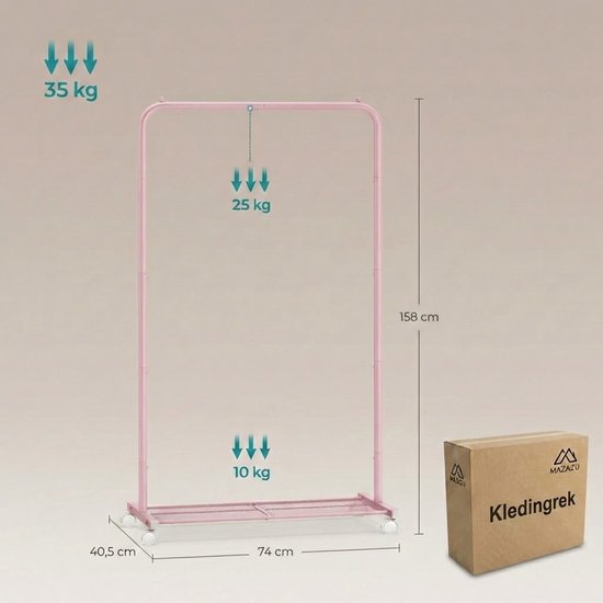 MAZAZU Kledingrek op Wieltjes - Roze - 40,5x74x158 cm