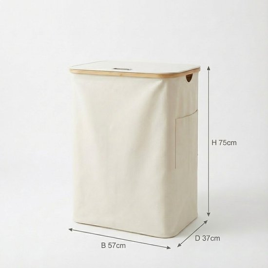 MAZAZU Wasmand 3 Vakken 150L met Deksel, Beige & Bamboe – foto 3