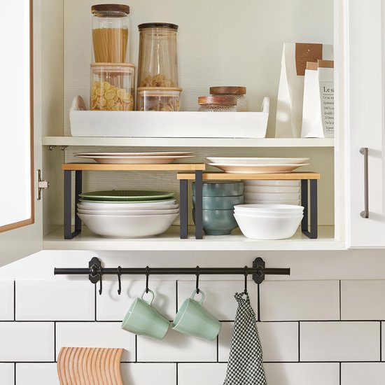MAZAZU -Keuken Organizer - Opbergplank - Beige - Hout - Kruidenrek - Aanrecht Organizer - Keukenrek - Set van 2 - 29.7 x 19.5 x 15.5 cm
