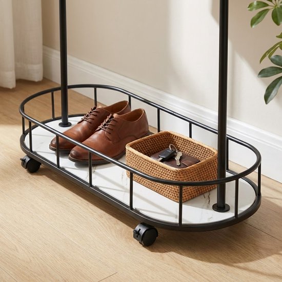 MAZAZU Luxe Kledingrek op Wielen - Zwart & Marmerlook - 177cm Hoog - Verrijdbaar Garderoberek met Schoenenplateau & Haken - Modern Industrieel Design