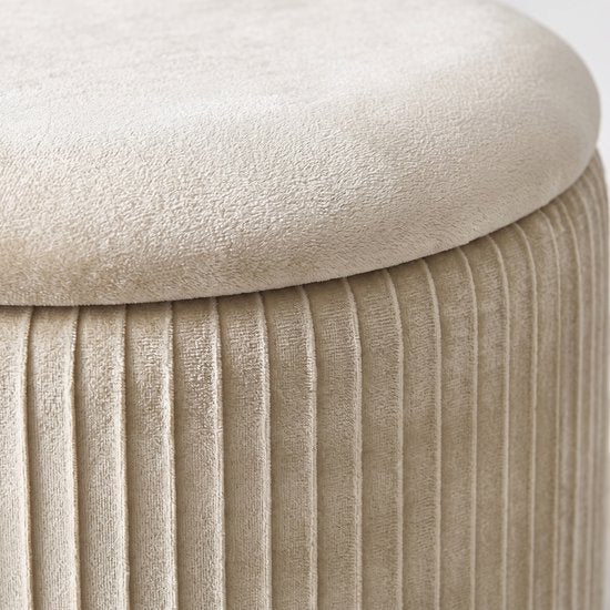 MAZAZU Opvouwbare Poef met Opbergruimte - Rond - Velvet - Beige - 36 x 36 x 44 cm