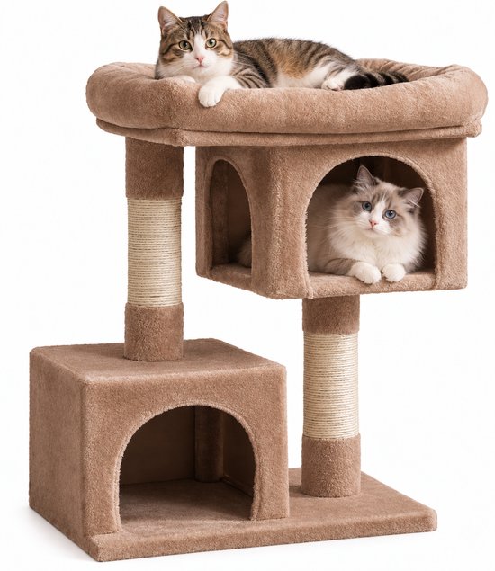 MAZAZU Krabpaal Compact - 2 Kattenhuisjes & Ligbed - 84 cm - Koffiebruin