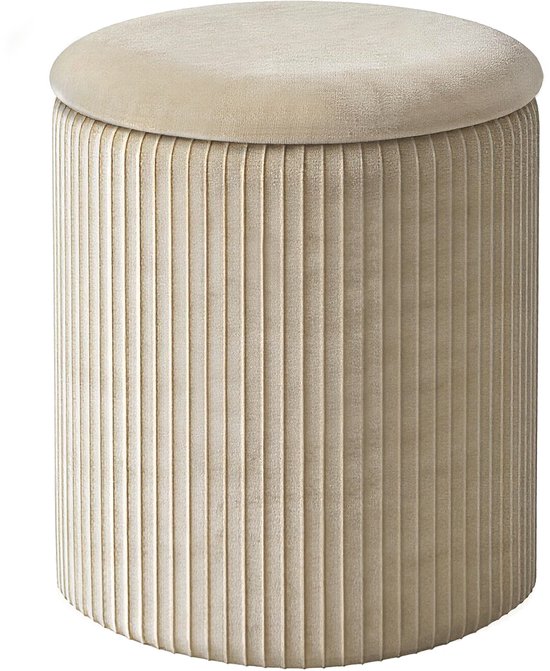 MAZAZU Opvouwbare Poef met Opbergruimte - Rond - Velvet - Beige - 36 x 36 x 44 cm