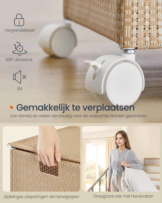 MAZAZU - Wasmand - 2 Compartimenten - Met Wielen - Beige - ‎46.5x37.5x65