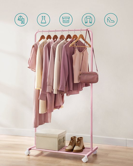 MAZAZU Kledingrek op Wieltjes - Roze - 40,5x74x158 cm
