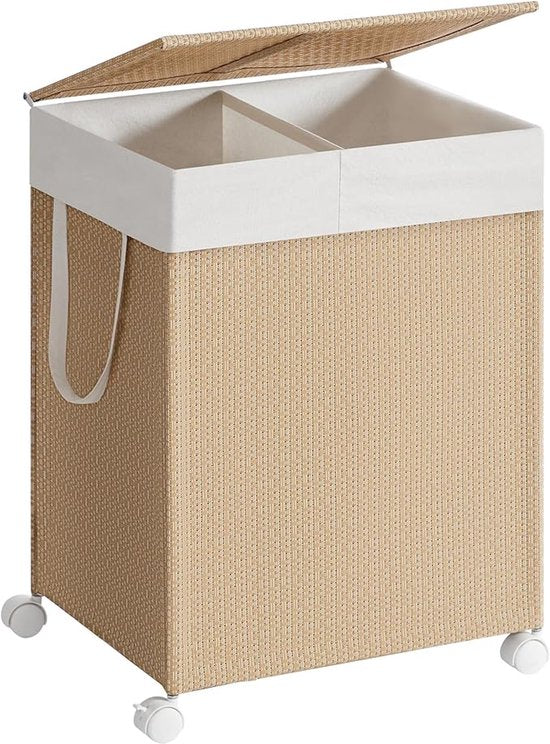 MAZAZU - Wasmand - 2 Compartimenten - Met Wielen - Beige - ‎46.5x37.5x65