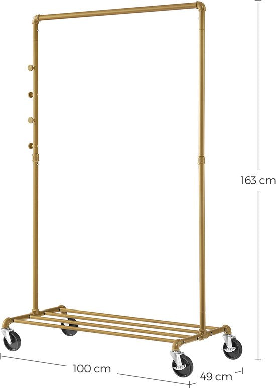 MAZAZU - Kledingrek - Opbergrek - Kapstok - Schoenenrek - Goud - Garderoberek Met Haken - 100x49x163cm