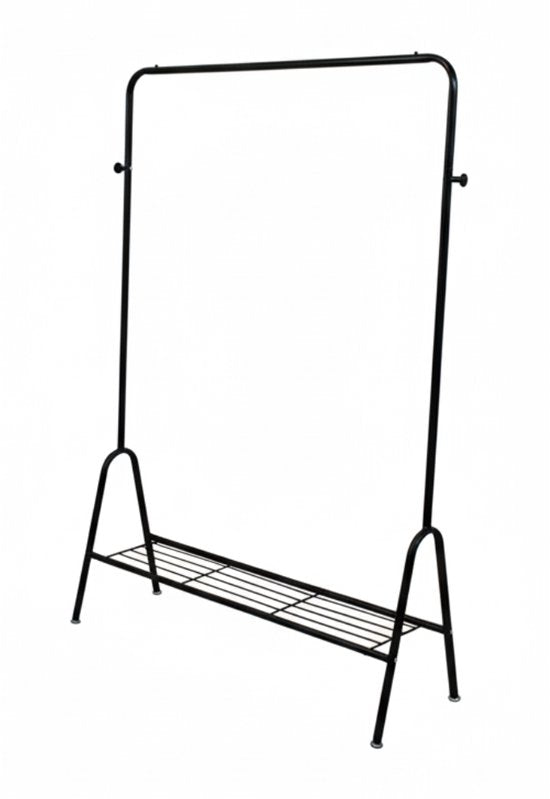 MAZAZU Industrieel Kledingrek Zwart - Compact (33cm Diep) - 147cm Hoog - Metaal Garderoberek met Schoenenrooster & Haken - A-Frame - Staand