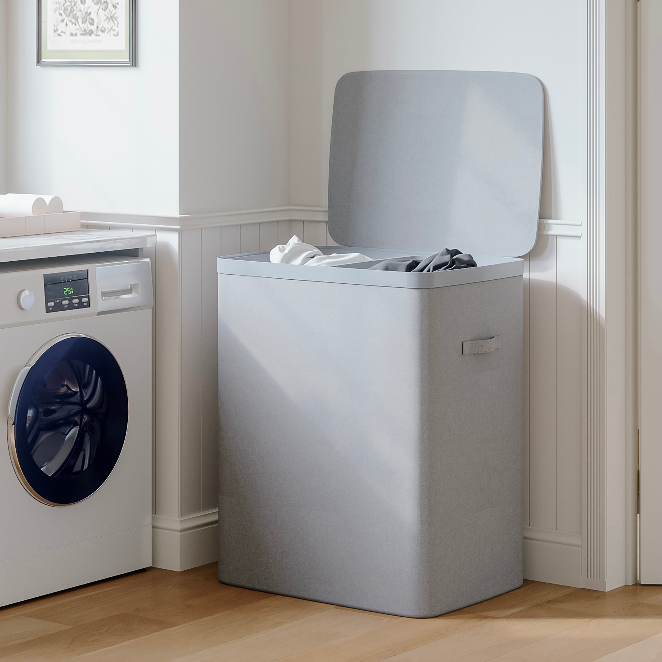 MAZAZU Wasmand met 2 Vakken - 100 Liter - Wassorteerder met Deksel - Uitneembare Waszakken - Lichtgrijs - Opvouwbare Wasbox voor Badkamer & Slaapkamer - 56×40×67 cm