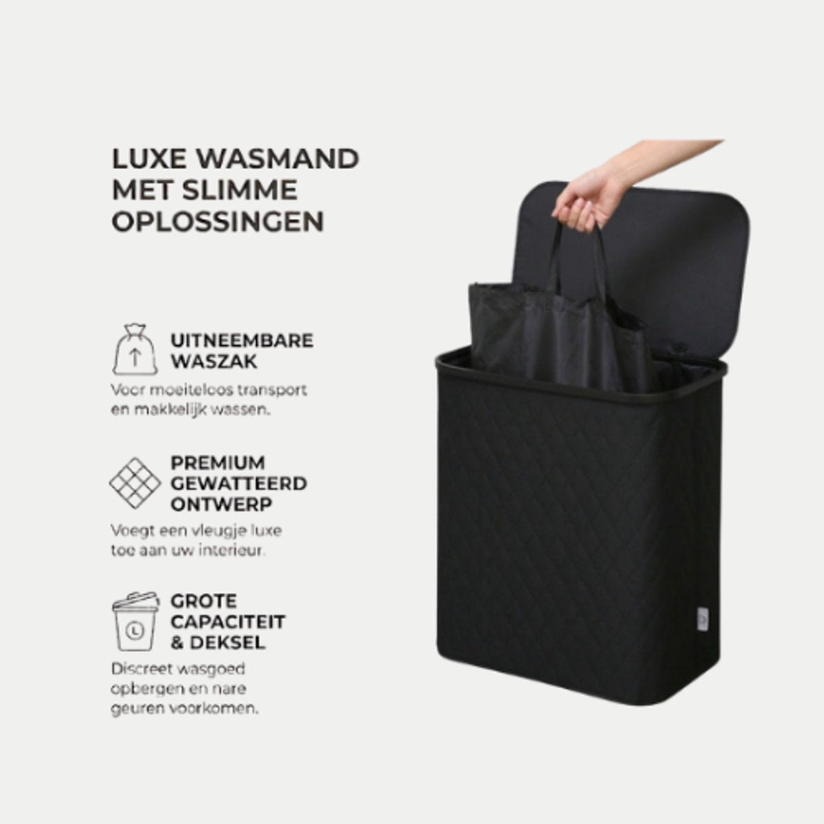MAZAZU Wasmand met Deksel & Uitneembare Waszak - XXL 132 Liter - Diamond Stitch - Bamboe Frame - Zwart - 57x37x63 cm