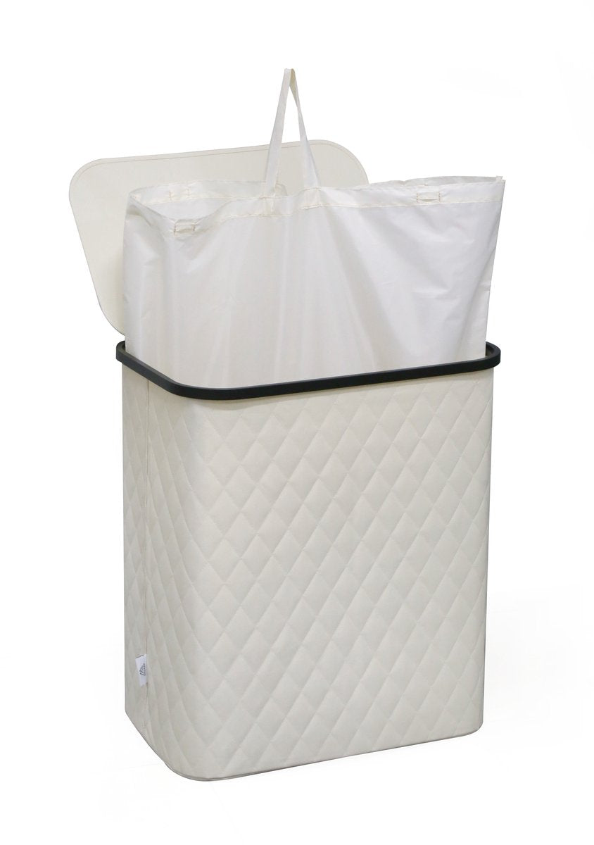 MAZAZU Wasmand met Deksel & Uitneembare Waszak - XXL 132 Liter - Diamond Stitch - Bamboe Frame - Crème Wit - 57x37x63 cm