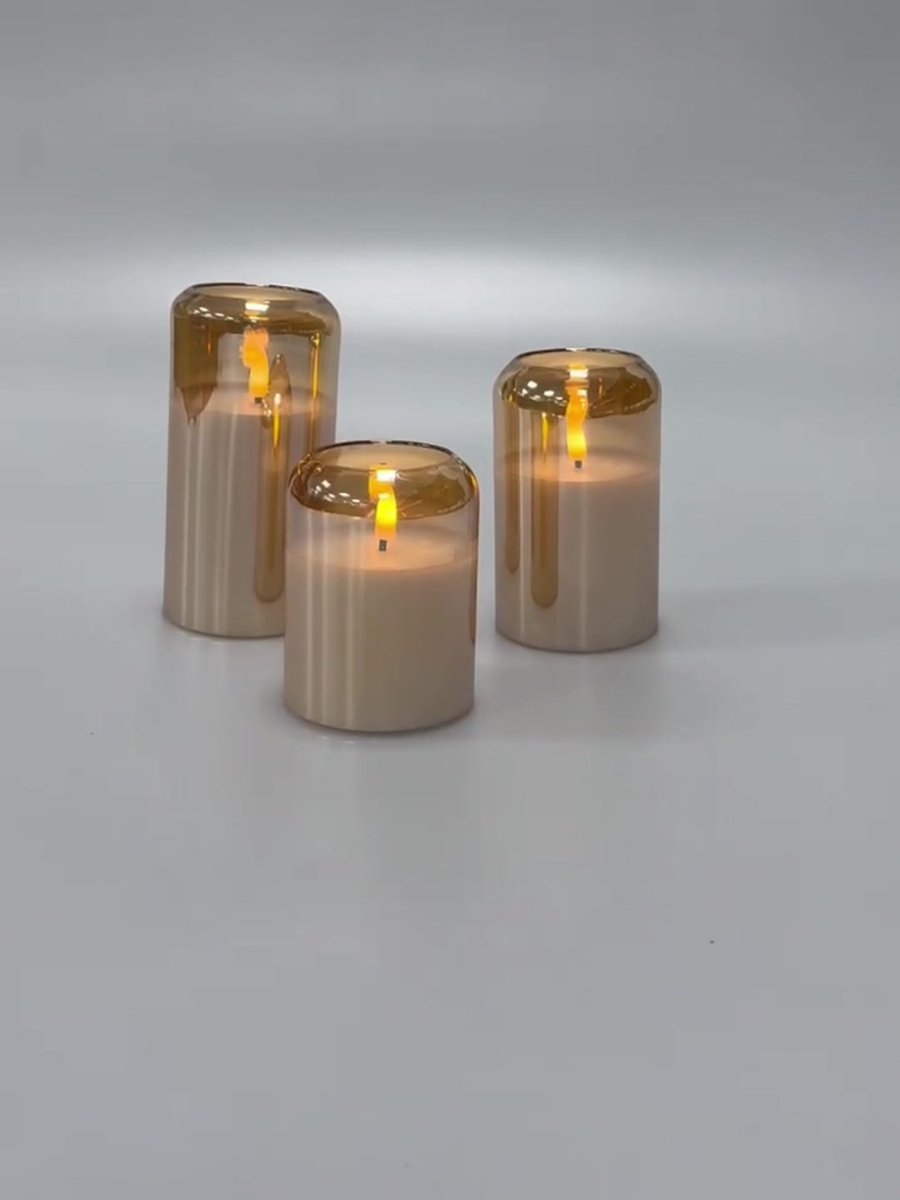 OMNIEXA LED glaskaarsen set van 3 goud/amber glas - echte foto met 3D vlam