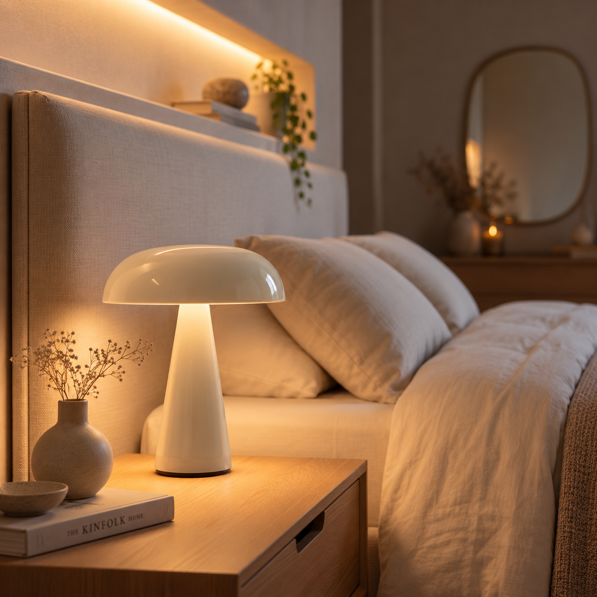 OMNIEXA Tafellamp, Amandelkleur, Dimbaar & Draadloos, 3 Lichtstanden, LED Designlamp met TouchControl – foto 4