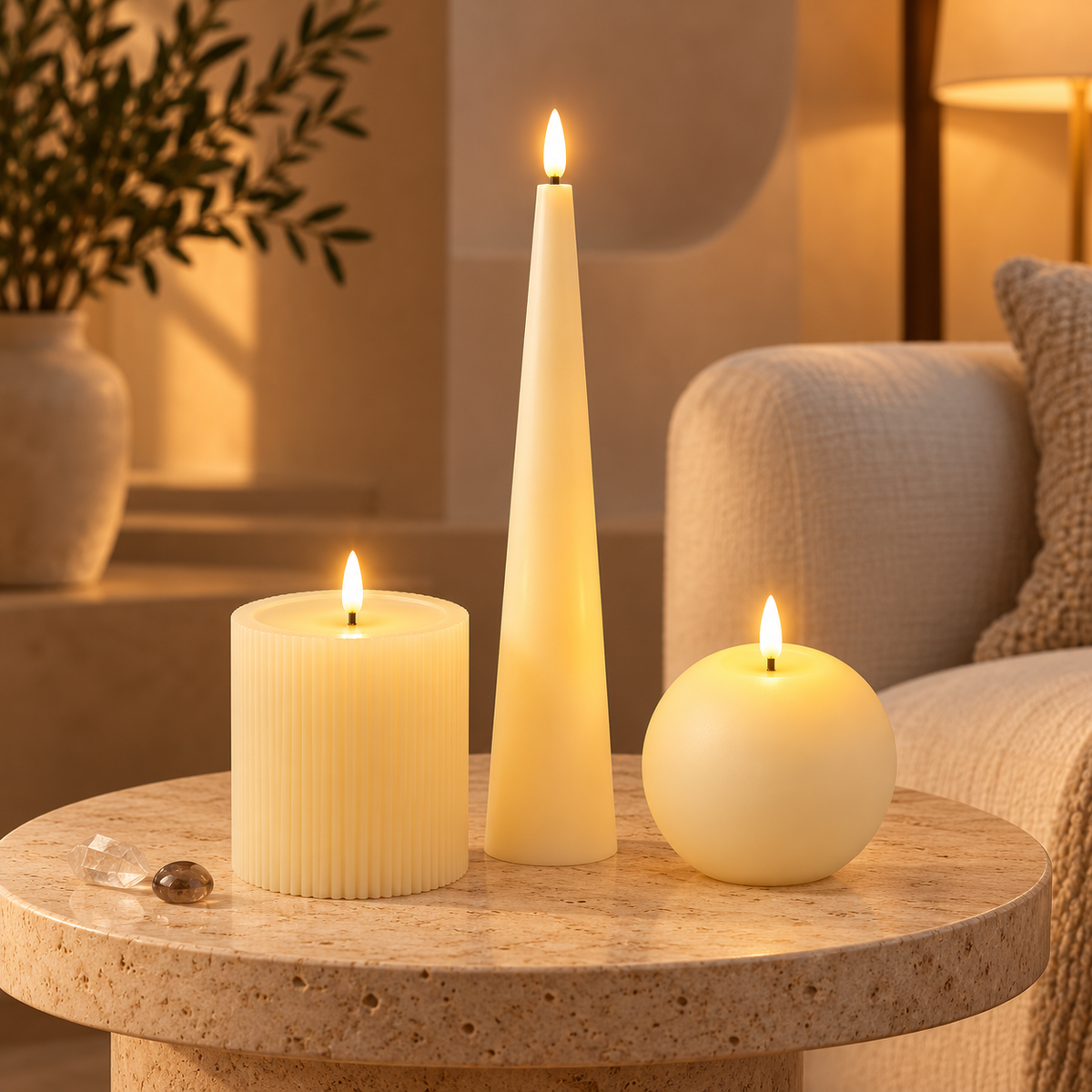 OMNIEXA LED Kaarsen Set van 3, Echte Was met 3D-vlam, Afstandsbediening en 6-uurs Timer – Geribbelde Stompkaars, Kegelkaars 33,5 cm & Bolkaars, Crème