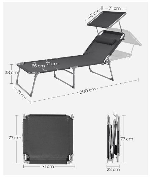 MIRA Home Ligbed met Zonnescherm - Verstelbaar - 193x32x63cm - Grijs - Tuinligstoel