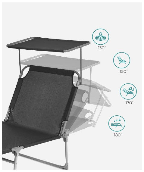 MIRA Home Ligbed met Zonnescherm - Verstelbaar - 193x32x63cm - Grijs - Tuinligstoel