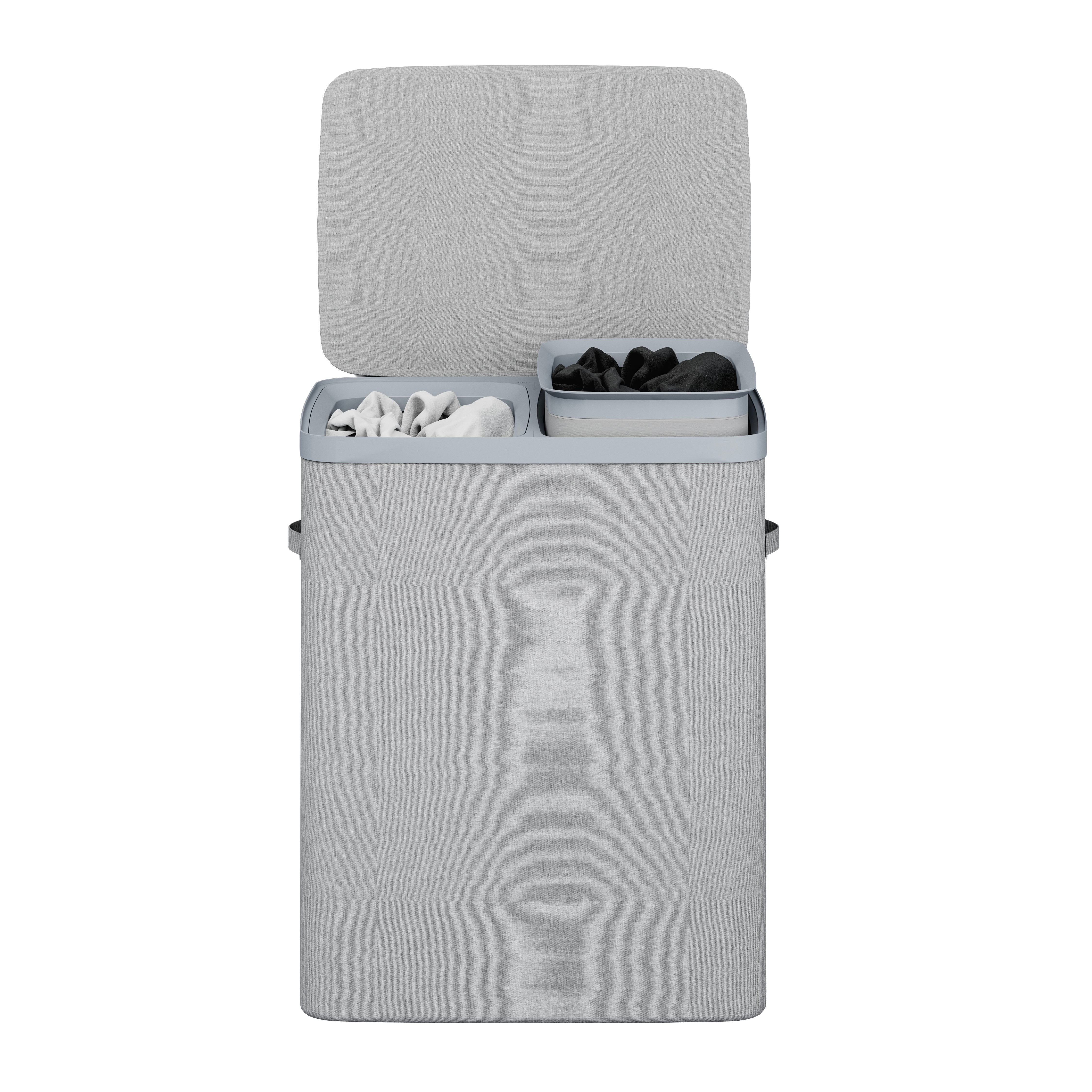MAZAZU Wasmand met 2 Vakken - 100 Liter - Wassorteerder met Deksel - Uitneembare Waszakken - Lichtgrijs - Opvouwbare Wasbox voor Badkamer & Slaapkamer - 56×40×67 cm