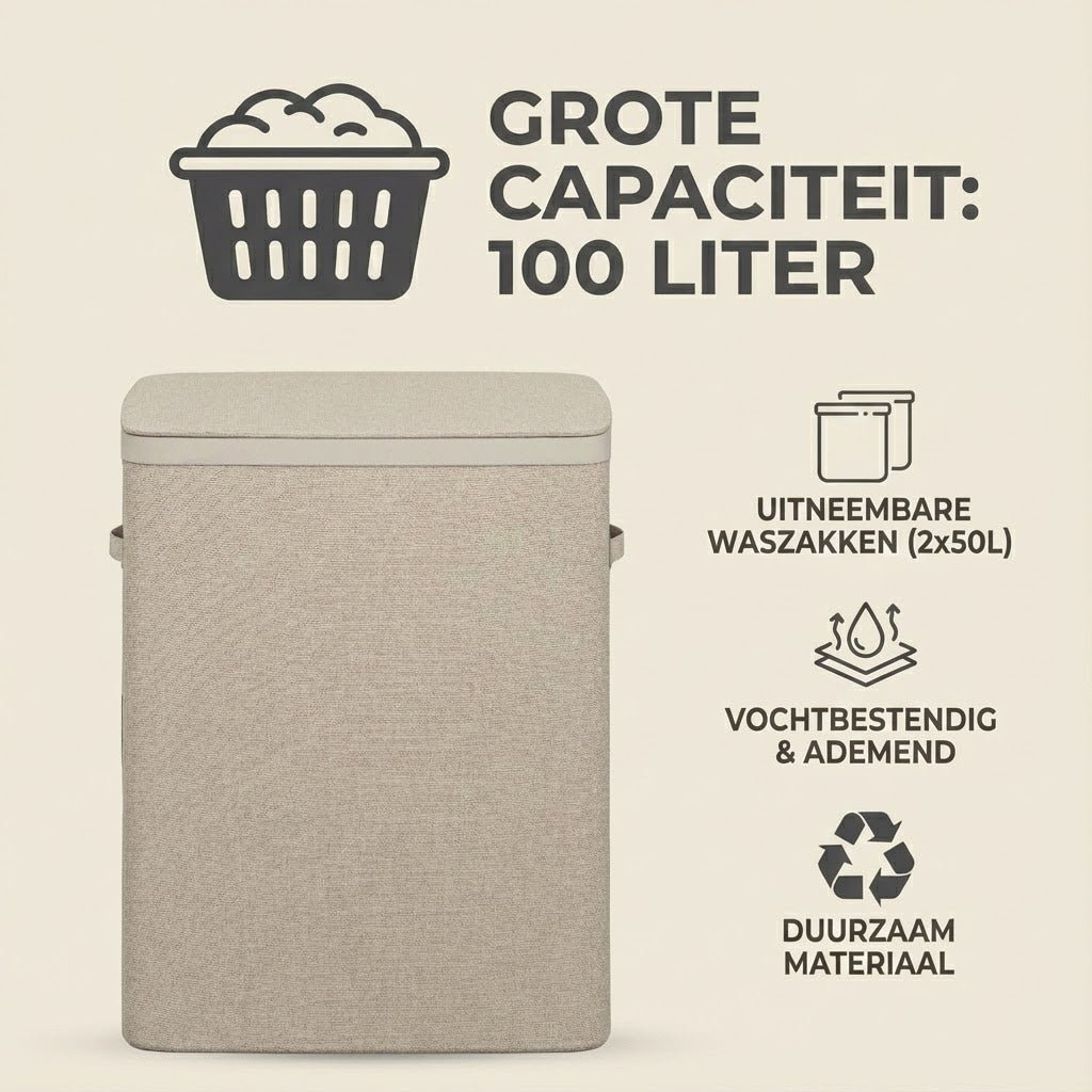 MAZAZU Wasmand 2 Vakken 100L – Deksel & Wassorteerder met Uitneembare Zakken - Beige