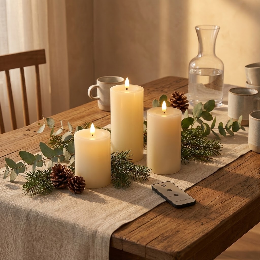OMNIEXA LED Kaarsen Set (3 Stuks) - Echte Was - Glad Design met Gesmolten Top - Creme - Met Afstandsbediening & Timer - 3D Vlam