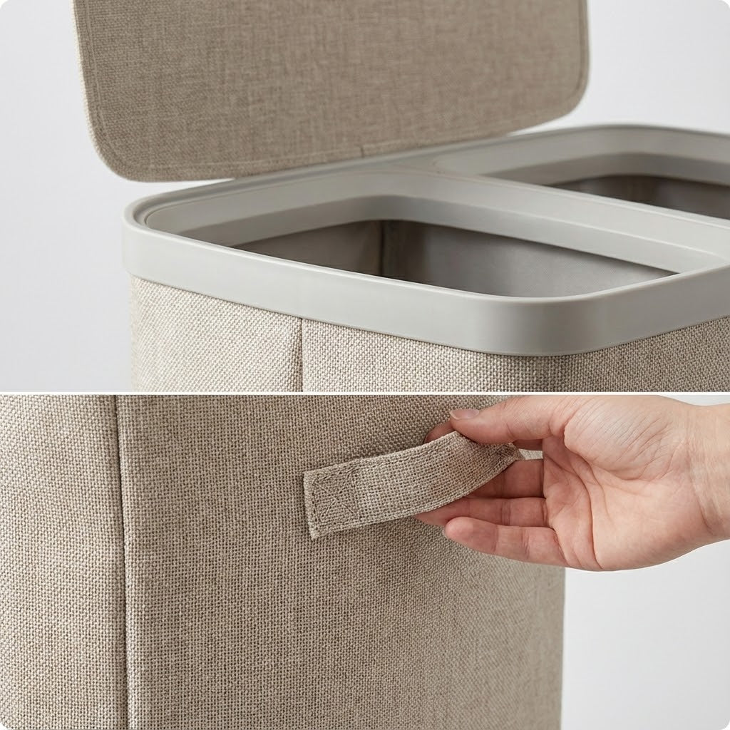 MAZAZU Wasmand 2 Vakken 100L – Deksel & Wassorteerder met Uitneembare Zakken - Beige