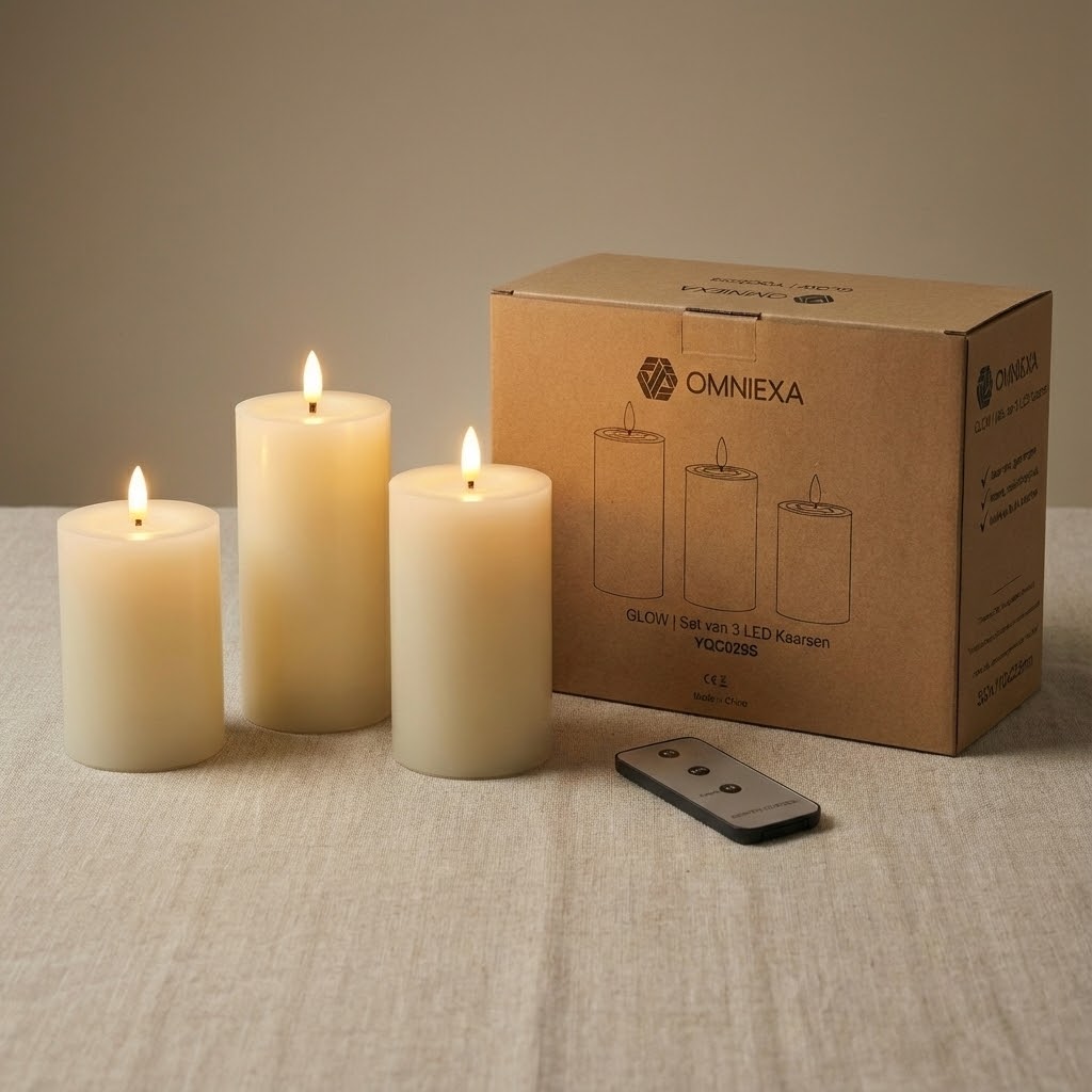 OMNIEXA LED Kaarsen Set (3 Stuks) - Echte Was - Glad Design met Gesmolten Top - Creme - Met Afstandsbediening & Timer - 3D Vlam